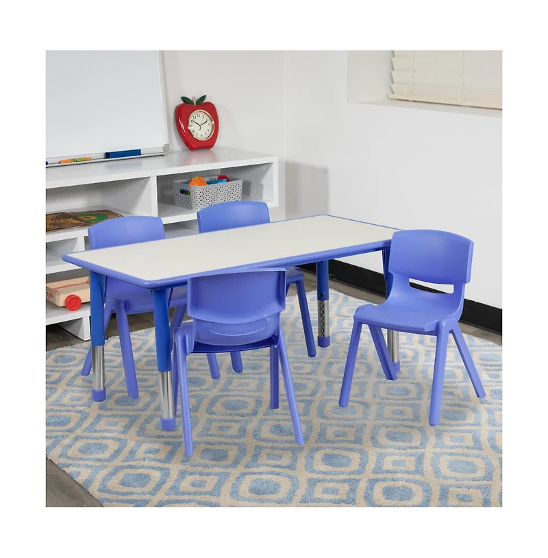 Emma+Oliver 23.625"W X 47.25"L Rectangular Plastic Height Adjustable Activity Table Set With 4 Chairs