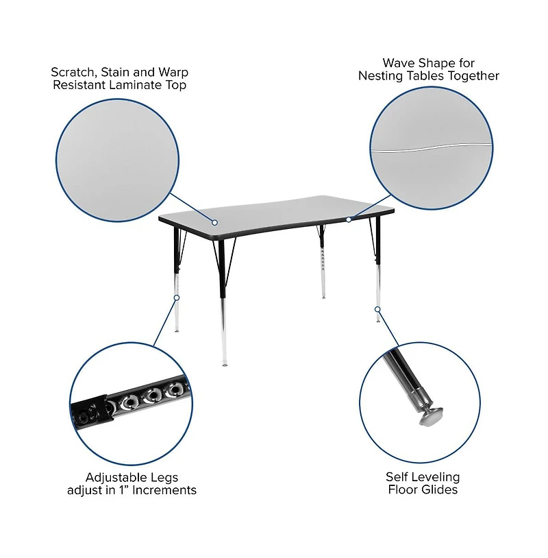 Emma+Oliver 28"W X 47.5"L Rectangle Wave Flexible Collaborative Adjustable Height Activity Table