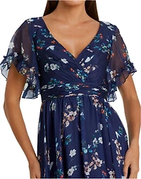 Mac Duggal Women's Ieena Flounce Sleeve Floral Maxi Dress