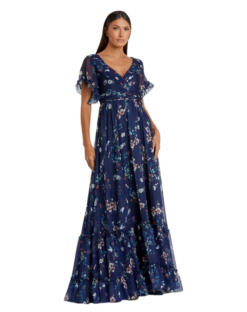 Mac Duggal Women's Ieena Flounce Sleeve Floral Maxi Dress