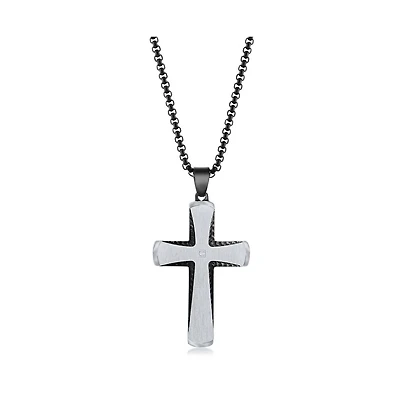 Men's Stainless Steel Black & Silver Single Cz Cross Necklace