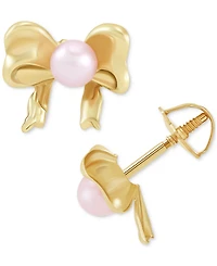 Children's Pink Cultured Freshwater Pearl (3mm) Bow Stud Earrings in 14k Gold