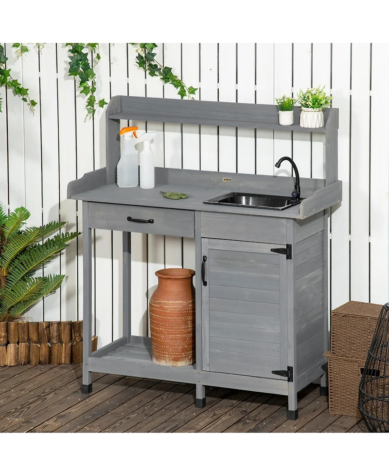 Outsunny Potting Bench Prep Table w/Faucet, Sink and Storage,