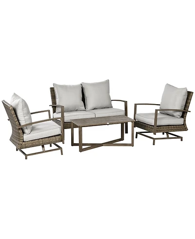 Outsunny Patio Furniture Set, 4 Piece Outdoor Rattan Conversation Set with 2 Armchairs, Cushions, Loveseat Sofa & Coffee Table for Porch, Poolside, La