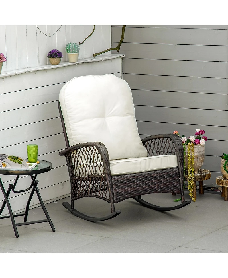Outsunny Outdoor Wicker Rocking Chair with Wide Seat, Thick, Soft Cushion, Rattan Rocker w/Steel Frame, High Weight Capacity for Patio, Garden, Backya