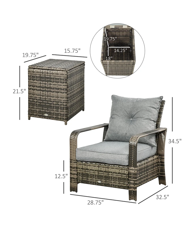 Outsunny 3 Piece Patio Furniture, Pe Wicker Storage Table & Chairs,