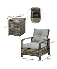 Outsunny 3 Piece Patio Furniture, Pe Wicker Storage Table & Chairs,
