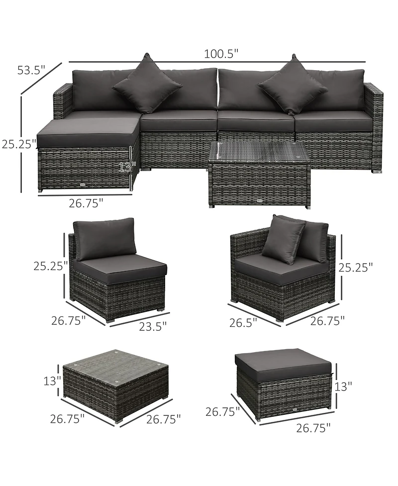 Outsunny 6-Piece Outdoor Patio Rat Wicker Furniture Set w/ Cushions Charcoal