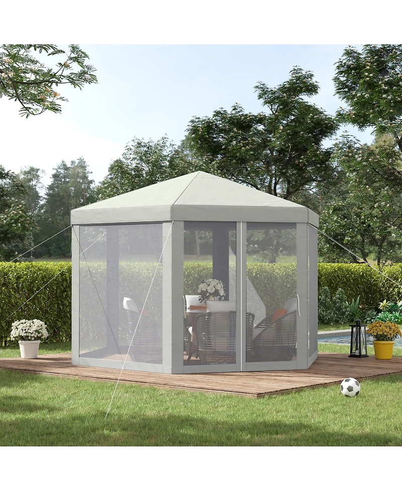 Outsunny Outdoor Party Tent Hexagon Sun Shelter Canopy with Protective Mesh Screen Walls & Proper Sun Protection, White