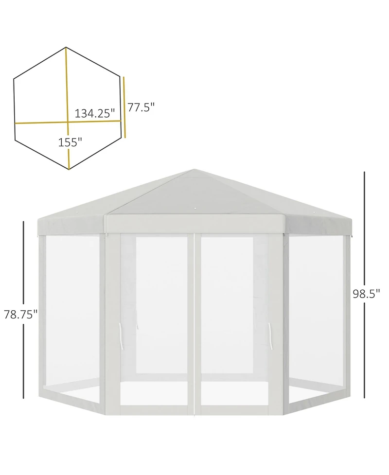 Outsunny Outdoor Party Tent Hexagon Sun Shelter Canopy with Protective Mesh Screen Walls & Proper Sun Protection, White