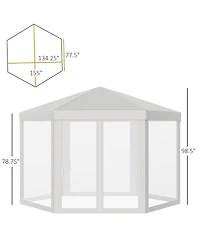Outsunny Outdoor Party Tent Hexagon Sun Shelter Canopy with Protective Mesh Screen Walls & Proper Sun Protection, White