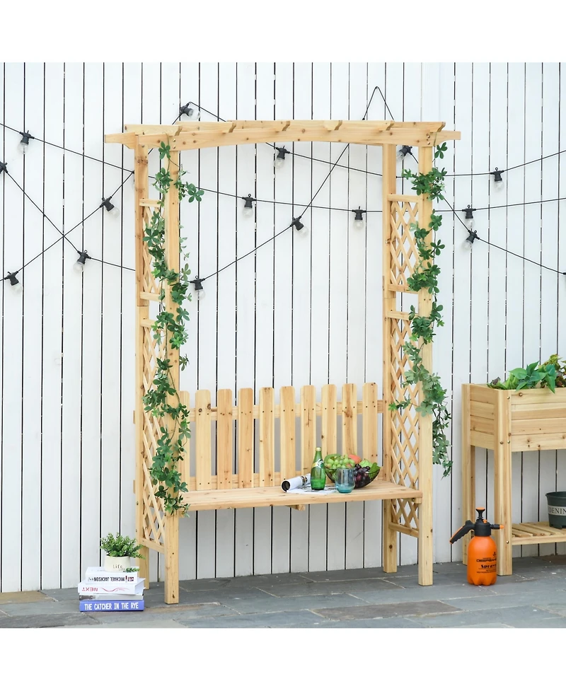 Outsunny Outdoor Garden Bench Arch Pergola with Natural Fir Wood Build, Protective Varnish, & 2 Person Ergonomic Bench