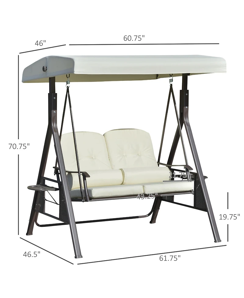 Outsunny 2-Person Patio Swing Bench with Adjustable Shade Canopy, Soft Cushions, Throw Pillows and Tray, Beige
