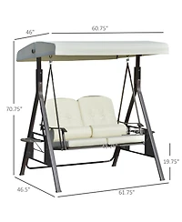 Outsunny 2-Person Patio Swing Bench with Adjustable Shade Canopy, Soft Cushions, Throw Pillows and Tray, Beige