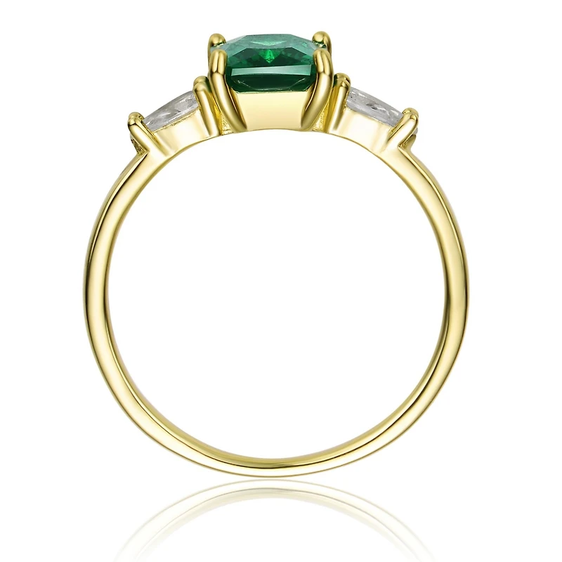 Sterling Silver 14k Yellow Gold Plated with Green & Cubic Zirconia 3-Stone Statement Ring