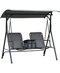 Outsunny 2-Seat Patio Swing Chair, Outdoor Canopy Swing Glider with Pivot Storage Table, Cup Holder, Adjustable Shade, Bungie Seat Suspension and Weat