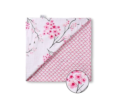 Malabar Baby Baby Certified Organic Muslin Four-Layer Reversible All Season Snug Blanket, Cherry Blossom