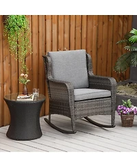 Outsunny Outdoor Wicker Rocking Chair w/Wide Seat, Thickened Cushion, Rattan Rocker with Steel Frame, High Weight Capacity for Patio, Garden, Backyard