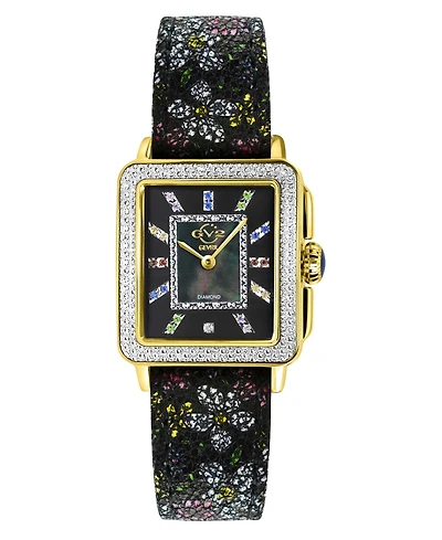 GV2 by Gevril Women's Padova Swiss Quartz Gemstone Floral Swiss Quartz Black Leather Watch 30mm