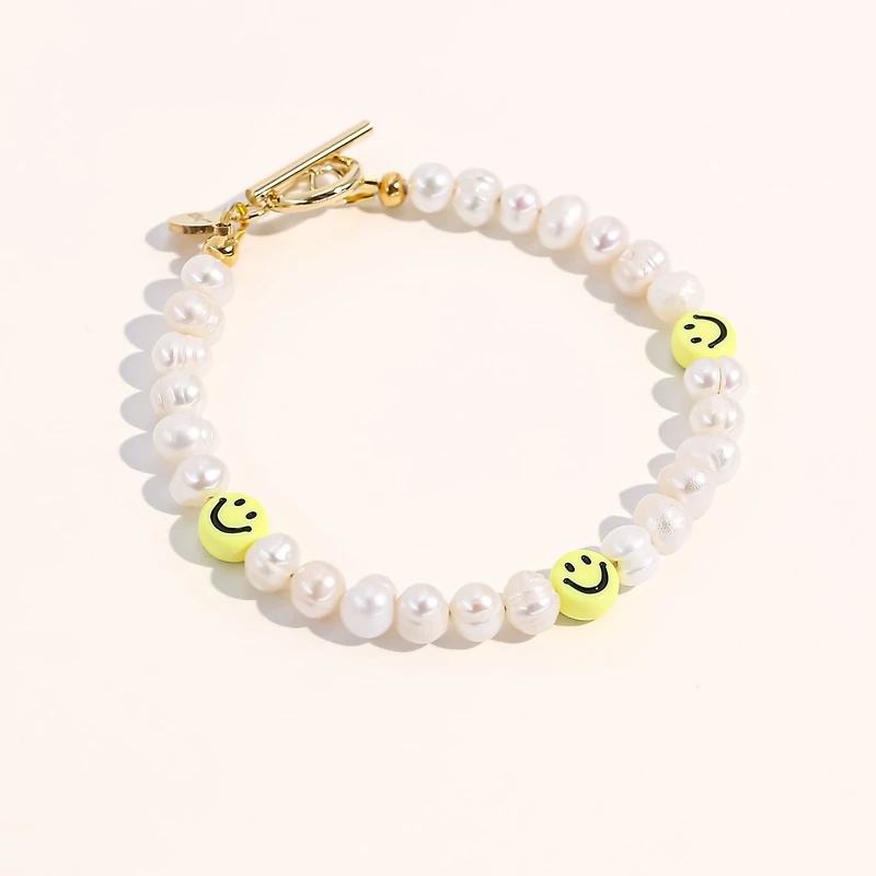 Joey Baby 18K Gold Plated Freshwater Pearls with Smiley Face - HaHa Bracelet 7" For Women