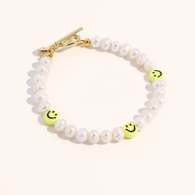 Joey Baby 18K Gold Plated Freshwater Pearls with Smiley Face - HaHa Bracelet 7" For Women