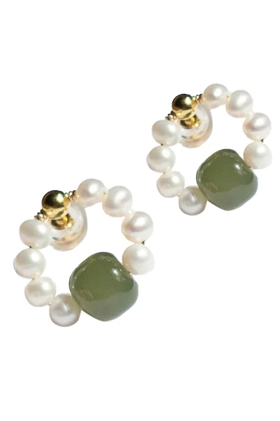 Isa — Beaded pearl jade hoop earrings