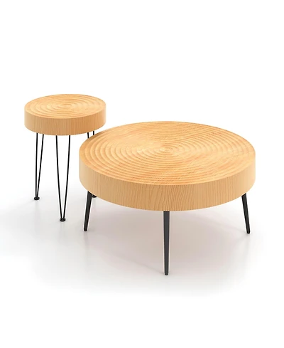 Farmhouse Round CoffeeTable Set of 2 End Table Natural Finish for Living Room