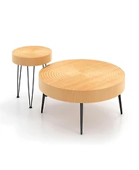 Farmhouse Round CoffeeTable Set of 2 End Table Natural Finish for Living Room