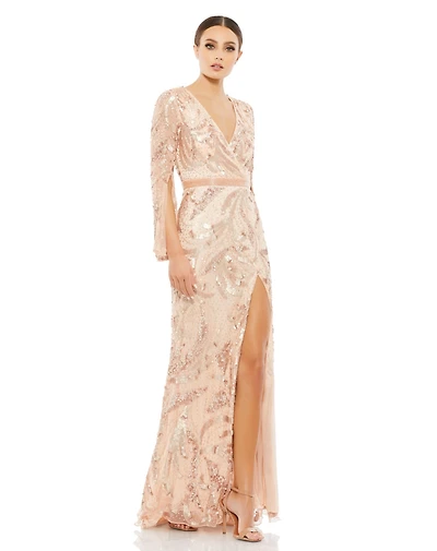 Women's Sequin Wrap Long Sleeve Gown