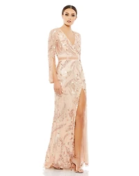 Women's Sequin Wrap Long Sleeve Gown