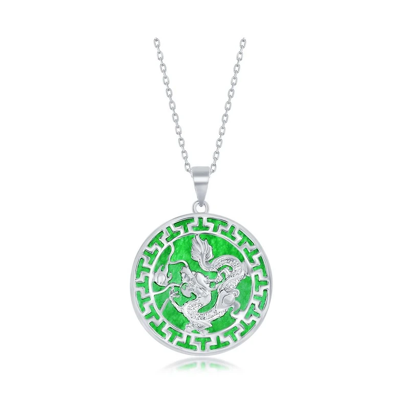 Sterling Silver Round w/ Dragon Design Jade Necklace