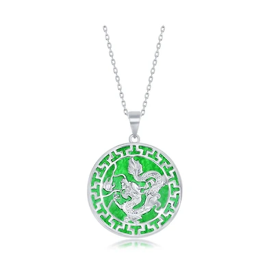 Sterling Silver Round w/ Dragon Design Jade Necklace