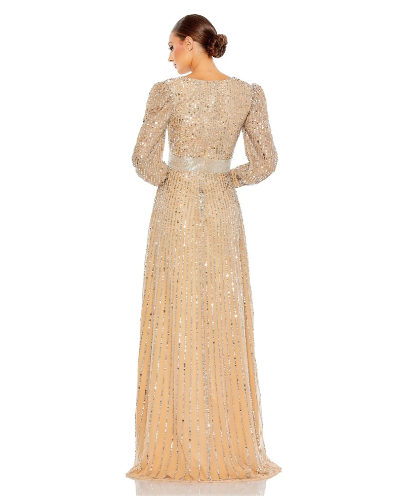 Mac Duggal Women's Sequined Wrap Over Bishop Sleeve Gown