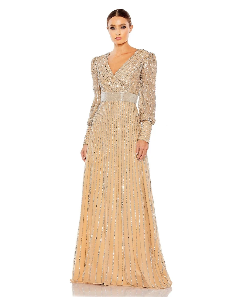 Mac Duggal Women's Sequined Wrap Over Bishop Sleeve Gown