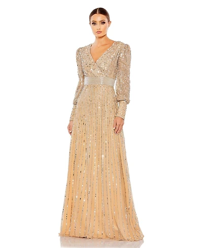 Mac Duggal Women's Sequined Wrap Over Bishop Sleeve Gown