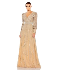 Mac Duggal Women's Sequined Wrap Over Bishop Sleeve Gown
