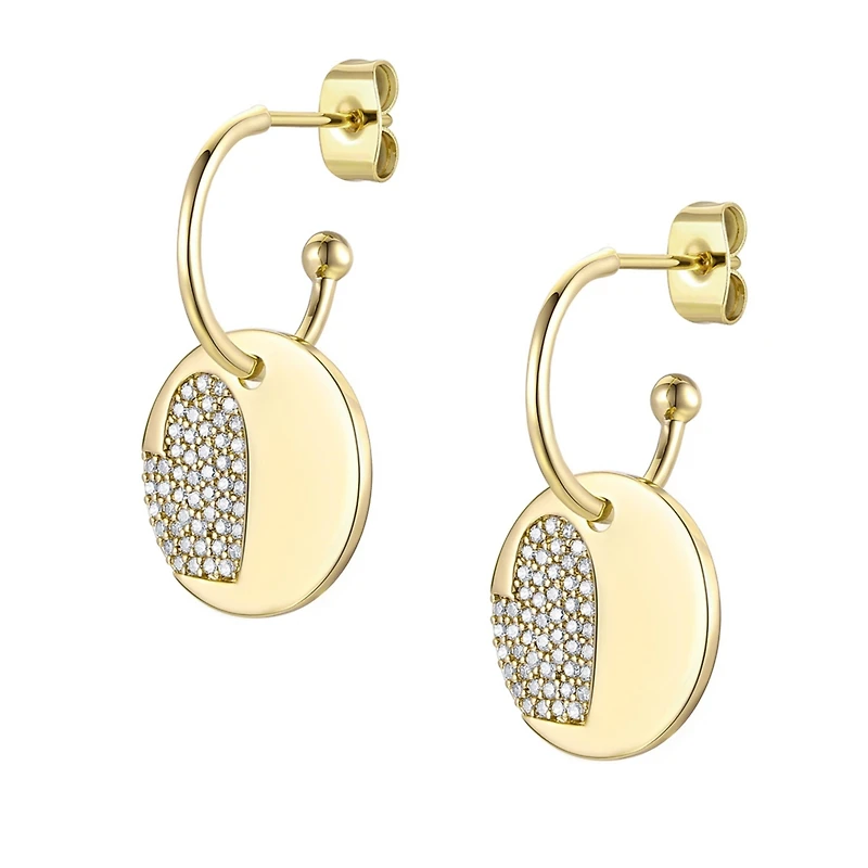 14k Gold Plated with Cubic Zirconia Round Heart Charm Dangle C-Hoop Earrings