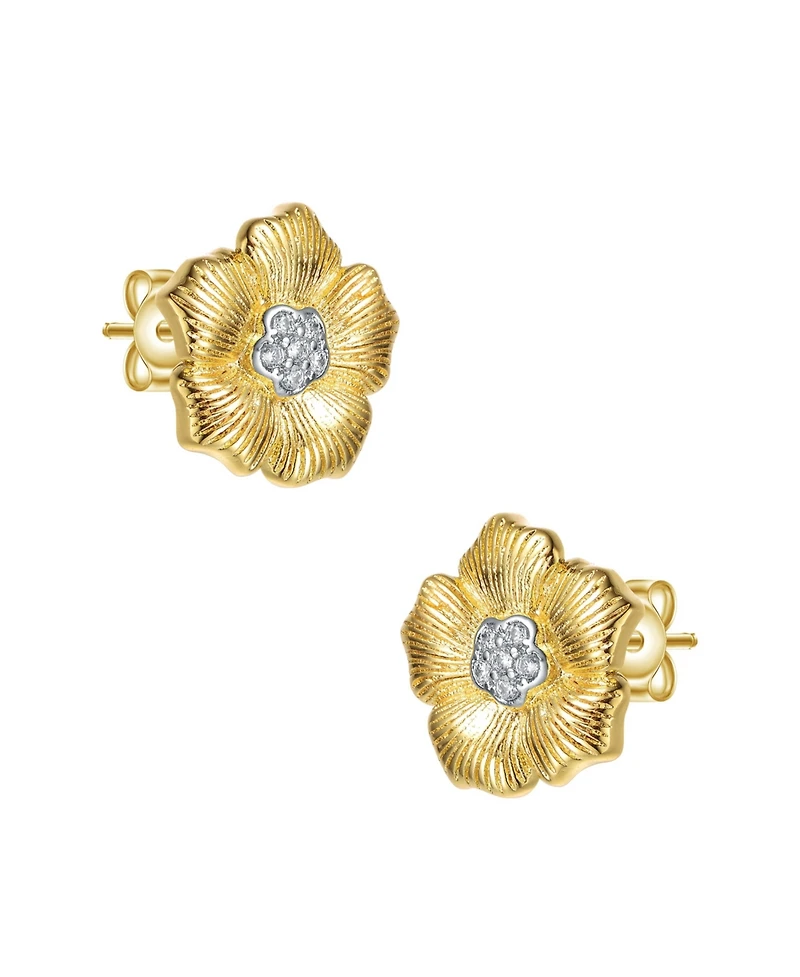 Elegant 14K Gold Plated and Cubic Zirconia Floral Stud Earrings