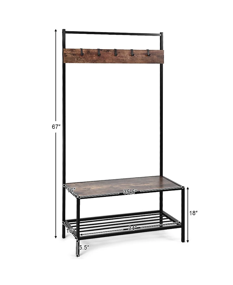 3 in 1 Industrial Coat Rack Shoe Bench Hall Tree Entryway Storage Shelf w/ Hooks