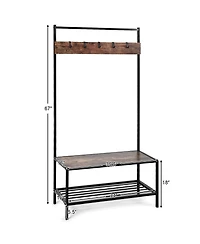 3 in 1 Industrial Coat Rack Shoe Bench Hall Tree Entryway Storage Shelf w/ Hooks