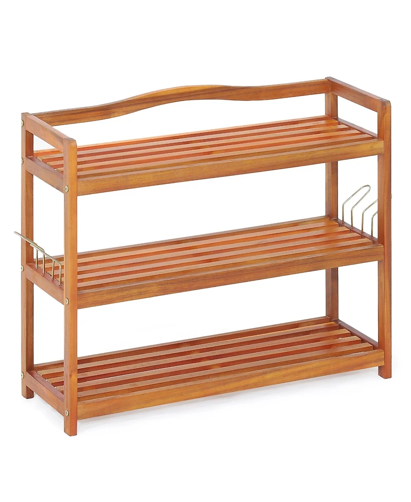 3-Tier Wood Shoe Rack Solid Acacia Wood Shoe Shelf with Side Metal Hooks