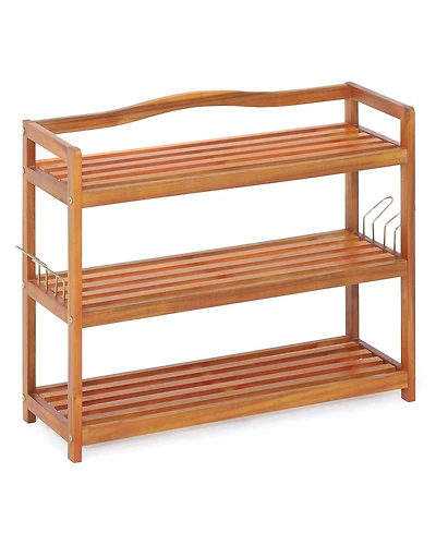 3-Tier Wood Shoe Rack Solid Acacia Wood Shoe Shelf with Side Metal Hooks
