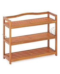 3-Tier Wood Shoe Rack Solid Acacia Wood Shoe Shelf with Side Metal Hooks