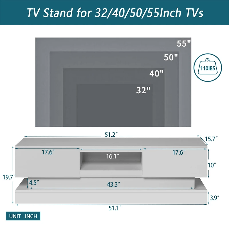 Streamdale Furniture 51.1" Modern Tv Stand With Led Lights, High Glossy Front Tv Cabinet