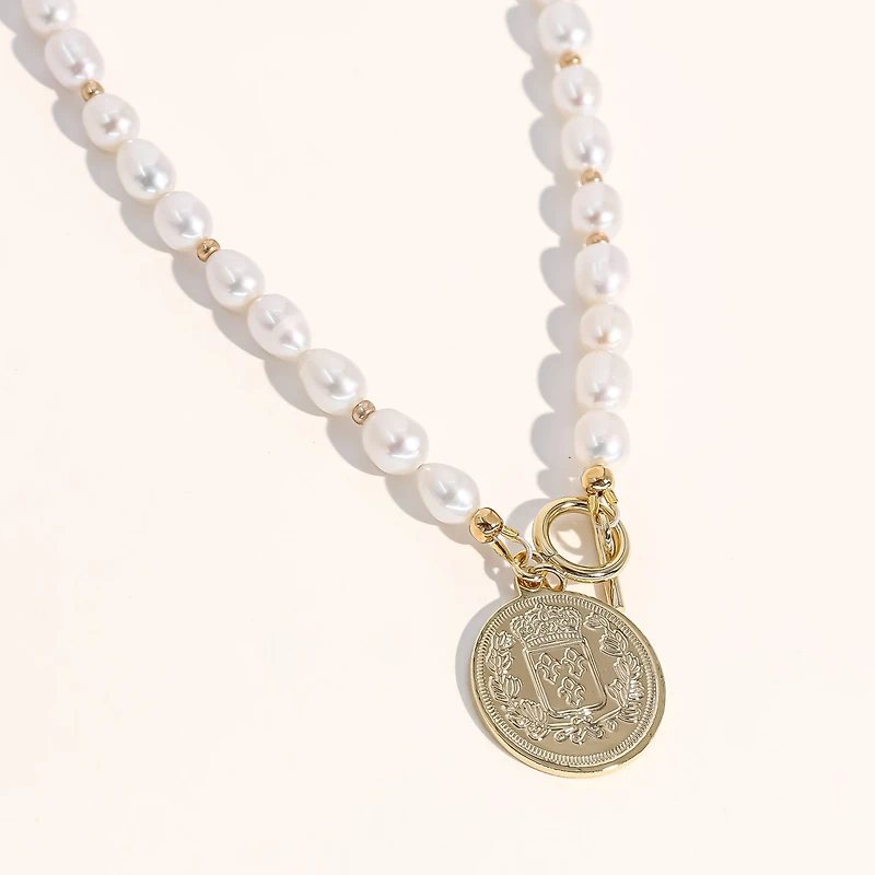 18K Gold Plated Freshwater Pearls with a Coin Pendant - Giorgia Pearl Necklace 17" For Women