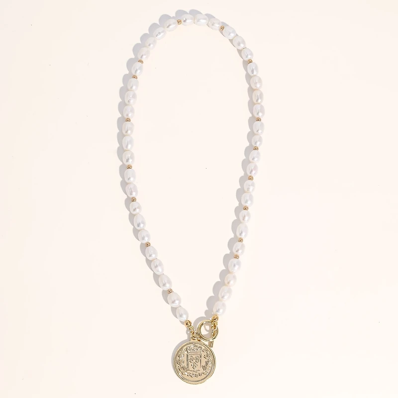 18K Gold Plated Freshwater Pearls with a Coin Pendant - Giorgia Pearl Necklace 17" For Women