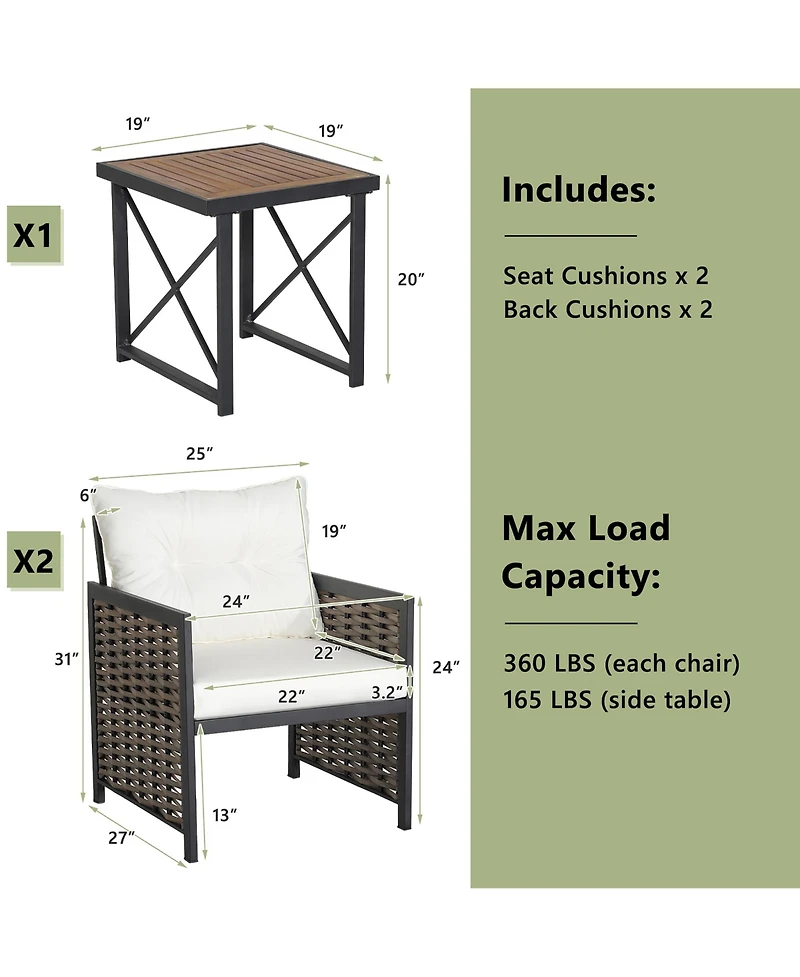 3 Pcs Patio Rattan Furniture Set Acacia Wood Coffee Table & 2 Chairs Backyard