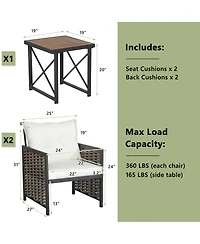 3 Pcs Patio Rattan Furniture Set Acacia Wood Coffee Table & 2 Chairs Backyard