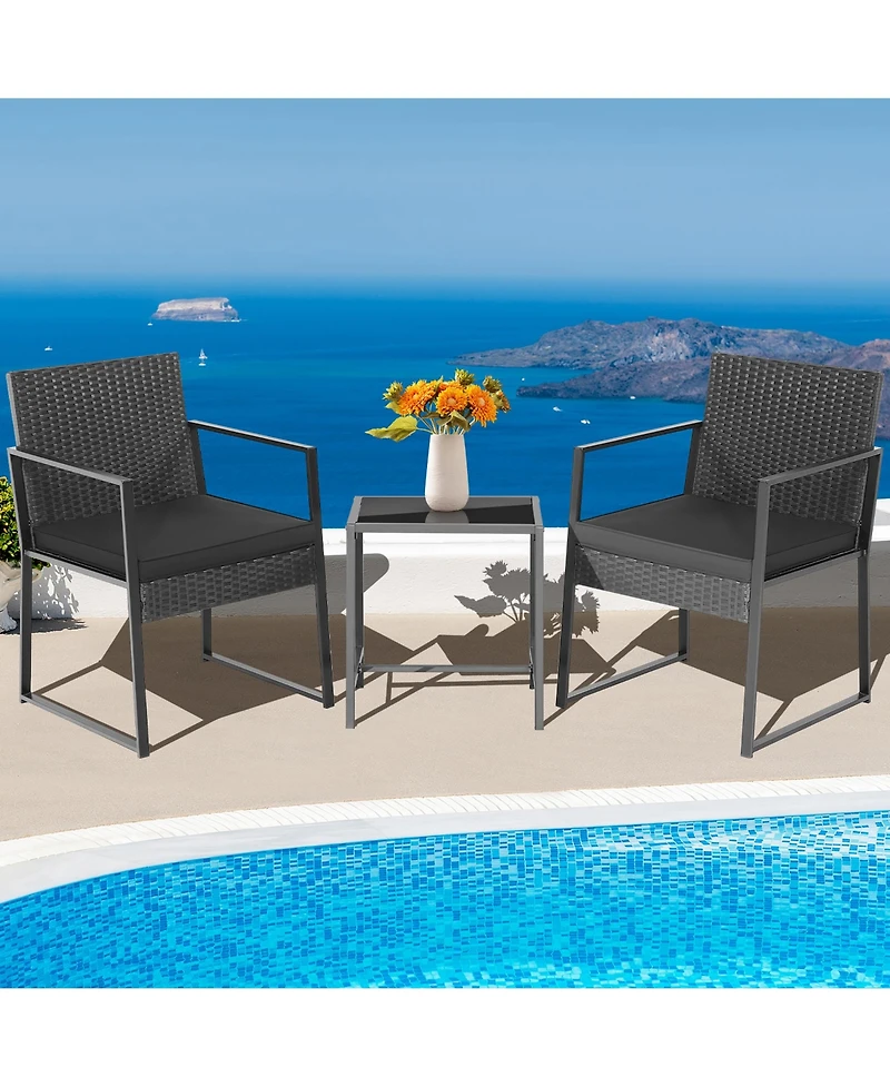 Costway 3pcs Patio Furniture Set Heavy Duty Cushioned Wicker Rattan Chairs Table Outdoor