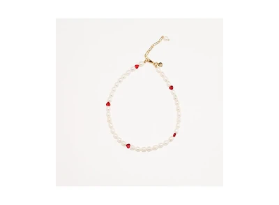 18K Gold Plated Freshwater Pearls with Charming Red Hearts - Akari Choker For Women